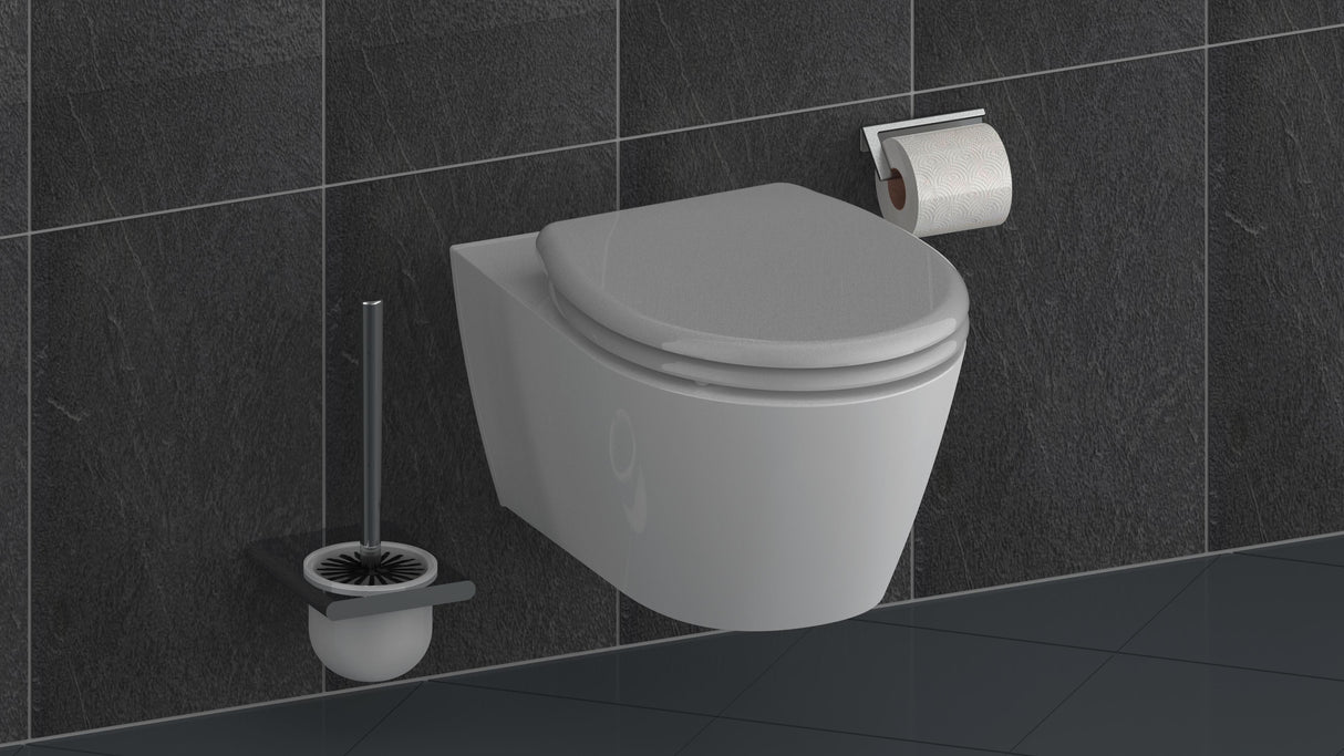 Grå toalettsits universal i Duroplast - BÄST. CC-mått: 60-160mm Längd: 405-460mm Bredd: 375mm.