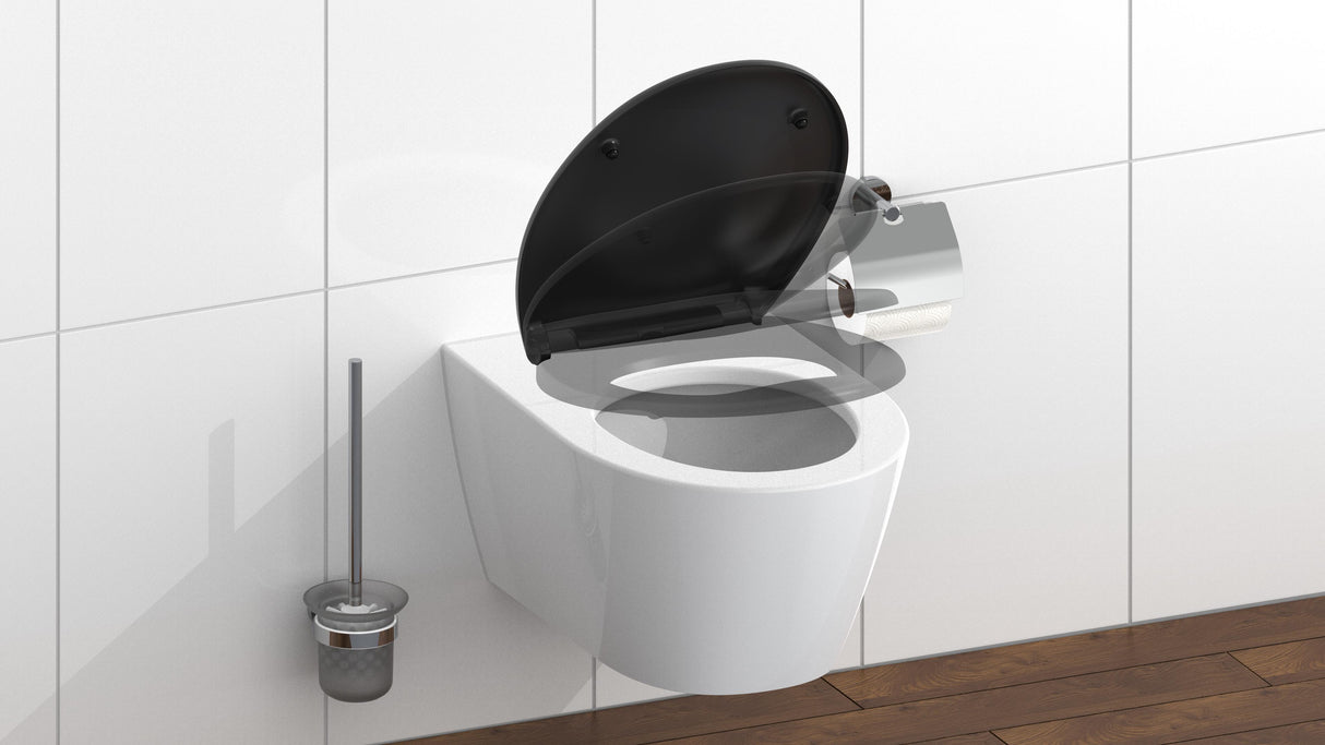 Mattsvart toalettsits universal i Duroplast - BĂST. CC-mĂ„tt: 89-191mm LĂ€ngd: 415-455mm Bredd: 371mm.