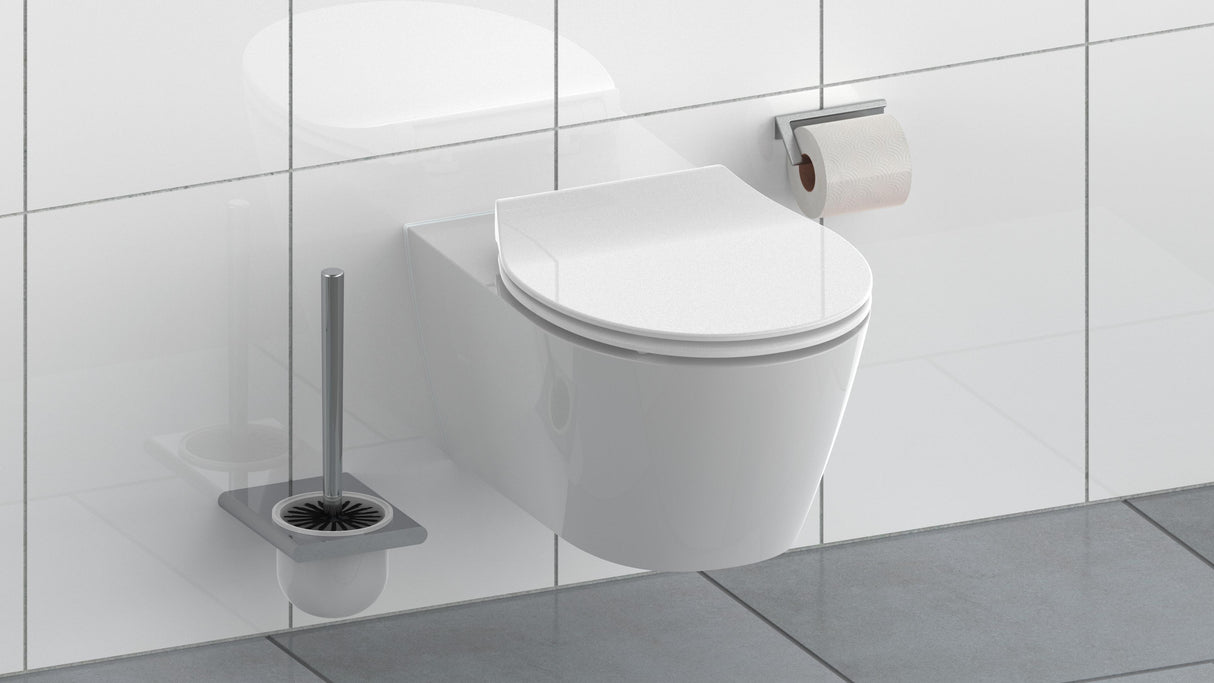 Vit slimmad toalettsits universal i Duroplast - BĂST. CC-mĂ„tt: 70-190mm LĂ€ngd: 415-455mm Bredd: 380mm.