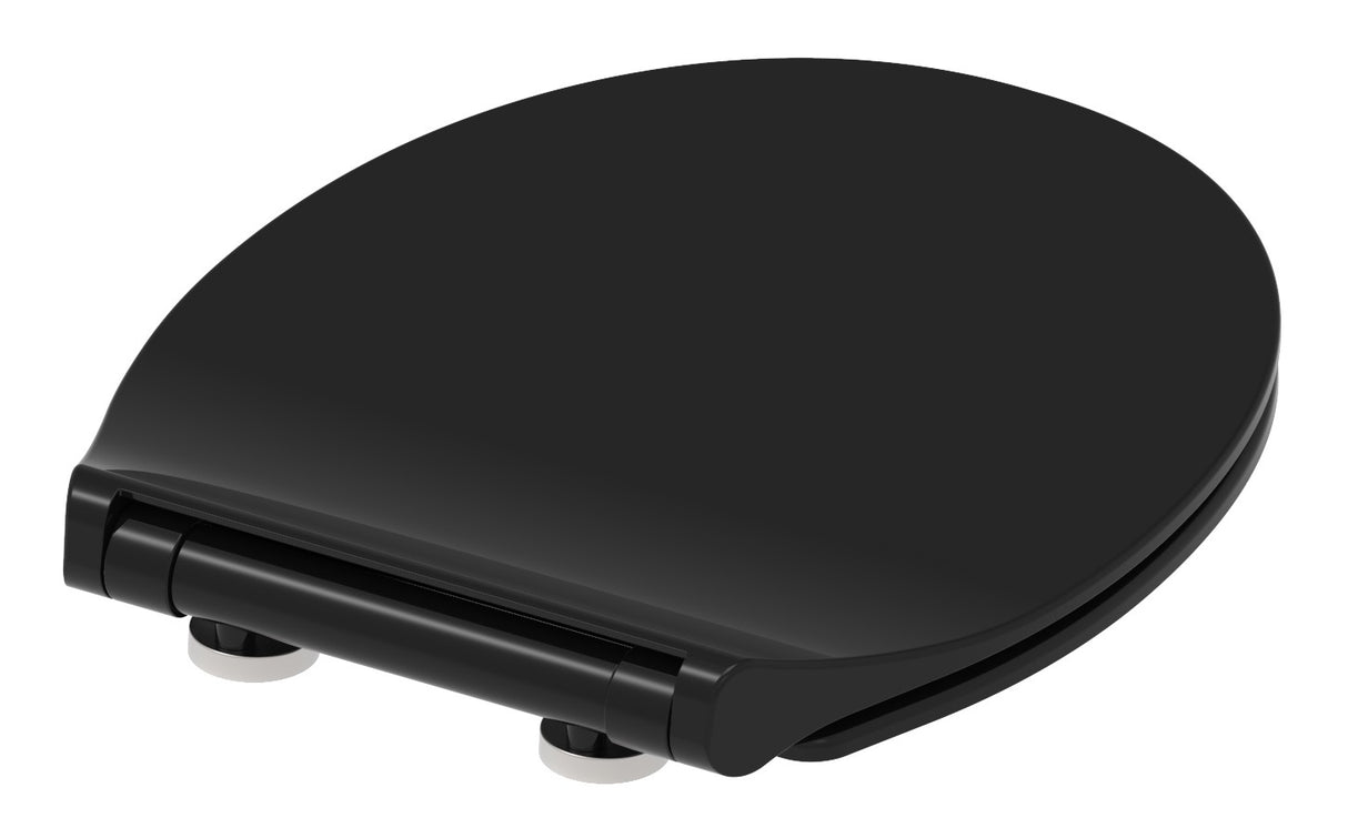 Svart slimmad toalettsits universal i Duroplast - BĂST. CC-mĂ„tt: 70-190mm LĂ€ngd: 415-455mm Bredd: 380mm.