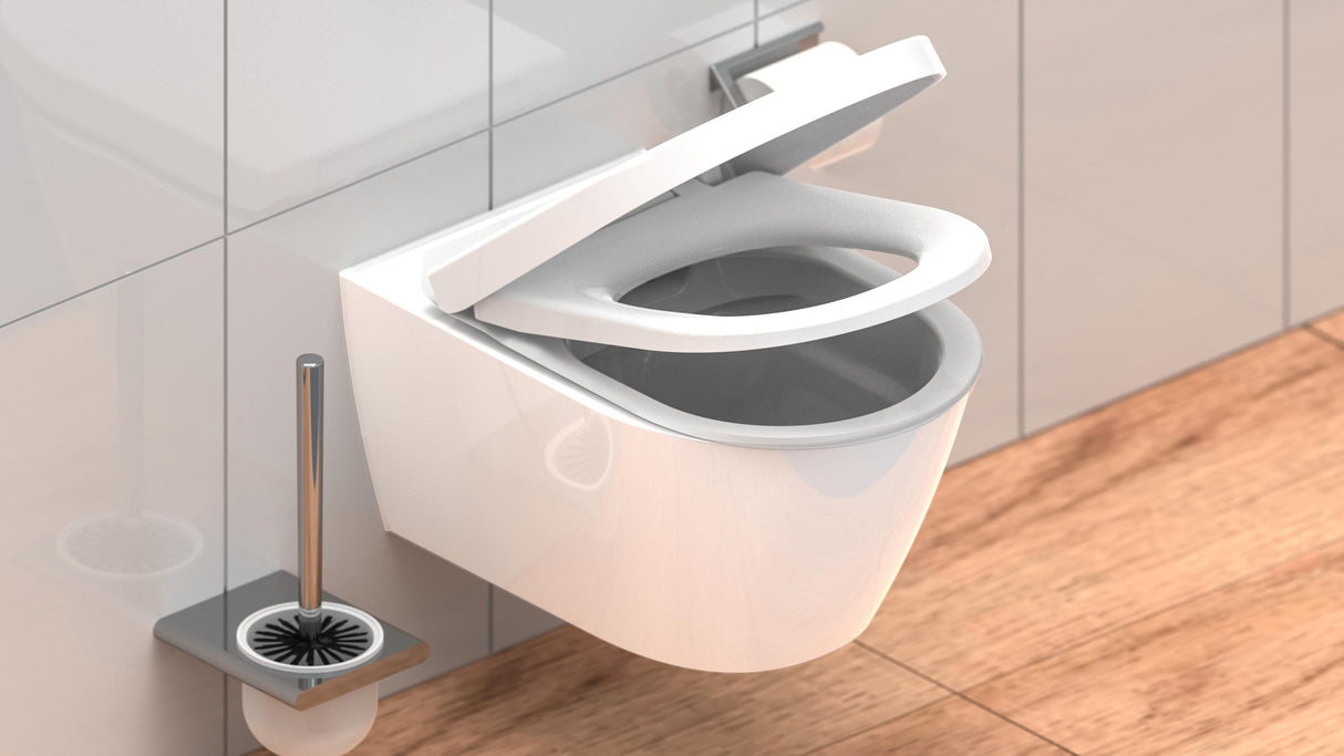 Vit toalettsits D-formad universal i Duroplast - BĂST. CC-mĂ„tt: 90-190mm LĂ€ngd: 425-480mm Bredd: 345mm.