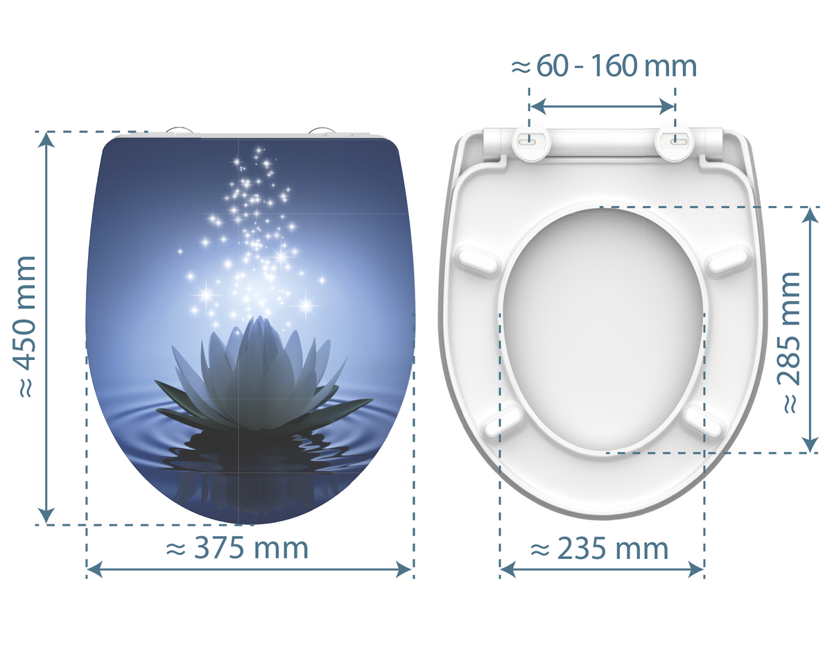 Högblank mönstrad toalettsits universal i Duroplast - BÄST. CC-mått: 60-160mm Längd: 435-490mm Bredd: 374mm.