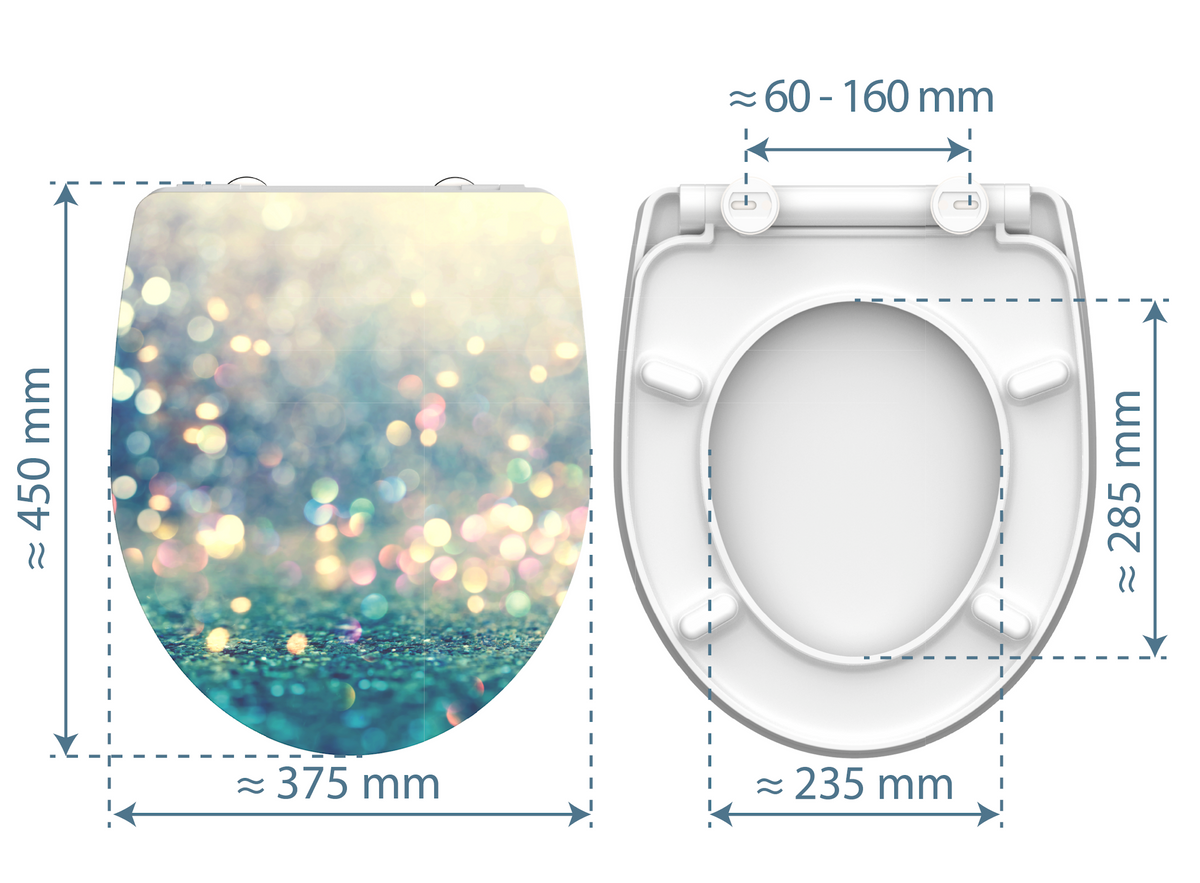 Högblank mönstrad toalettsits universal i Duroplast - BÄST. CC-mått: 60-160mm Längd: 435-490mm Bredd: 374mm.