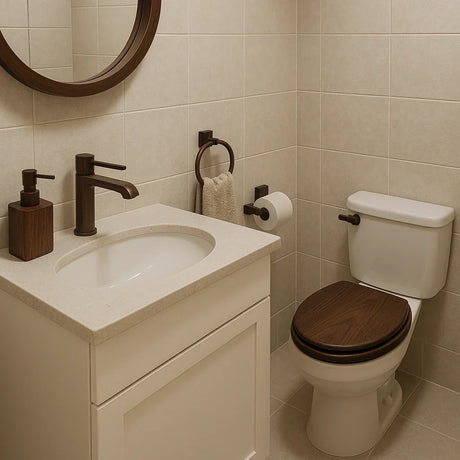litet badrum toalettsits i trä