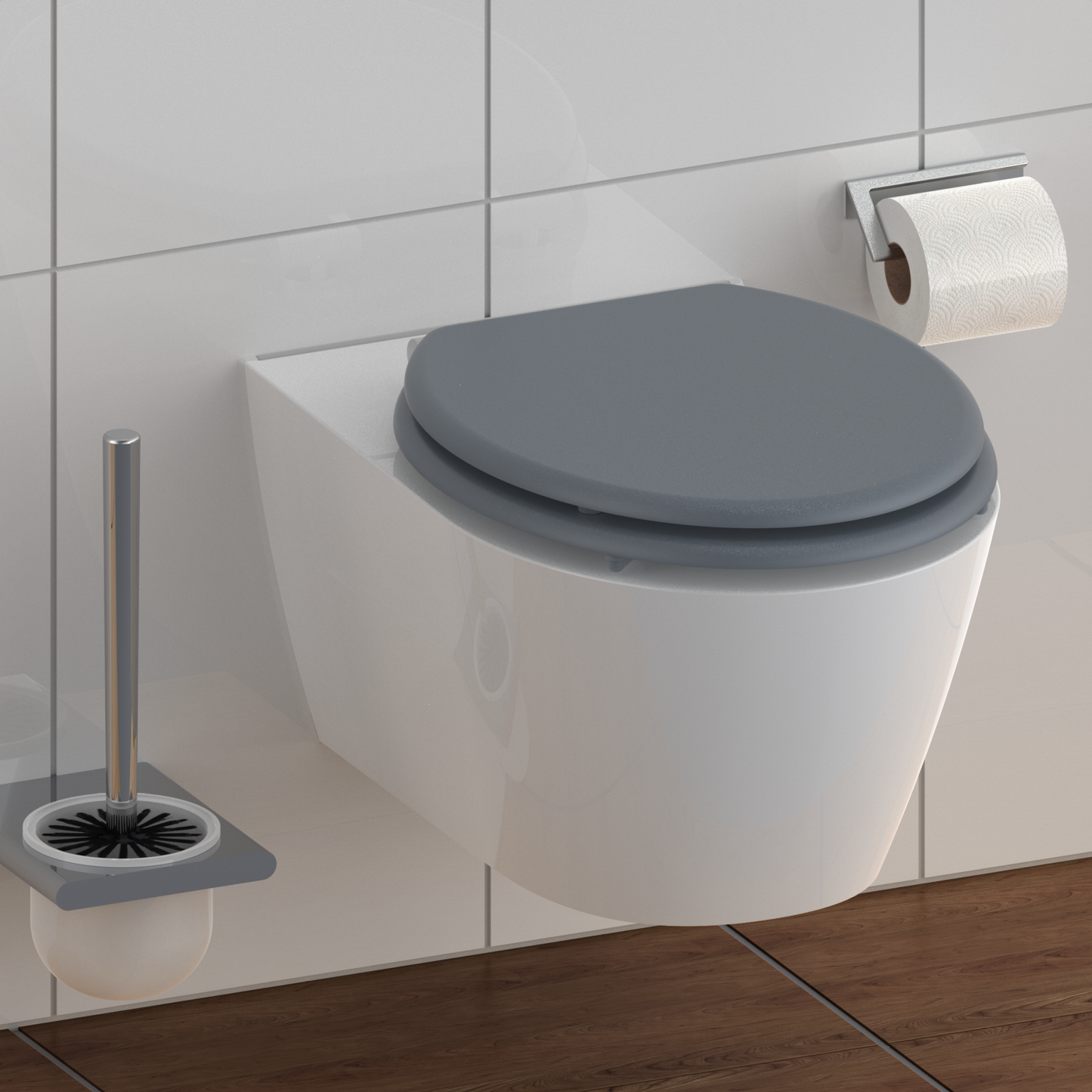 Grå toalettsits universal med träkärna - BÄTTRE. CC-mått: 130-185mm Längd: 435mm Bredd: 375mm.