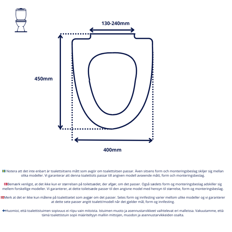 Vit toalettsits universal - BRA. CC-mått: 130-240mm. Längd: 450mm. Bredd: 400mm