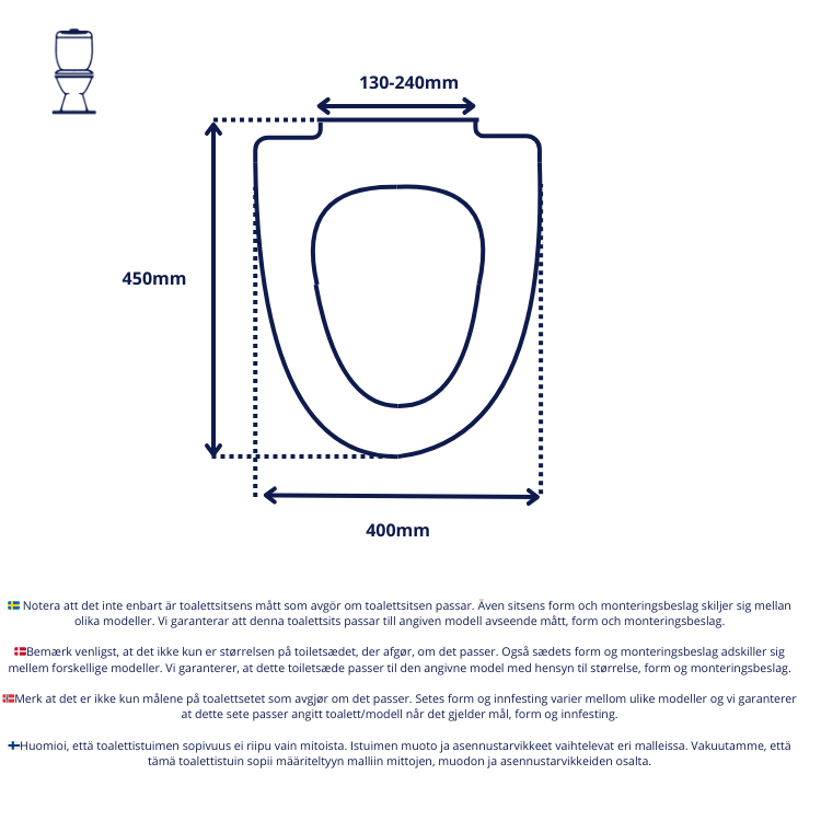 Vit toalettsits för vägghängd toalett - BRA. CC-mått: 130-240mm. Längd: 450mm. Bredd: 400.