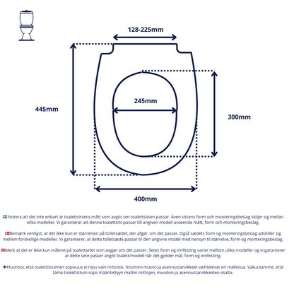 Vit toalettsits för vägghängd toalett - BRA. CC-mått: 128-225mm. Längd: 445mm. Bredd: 400mm.