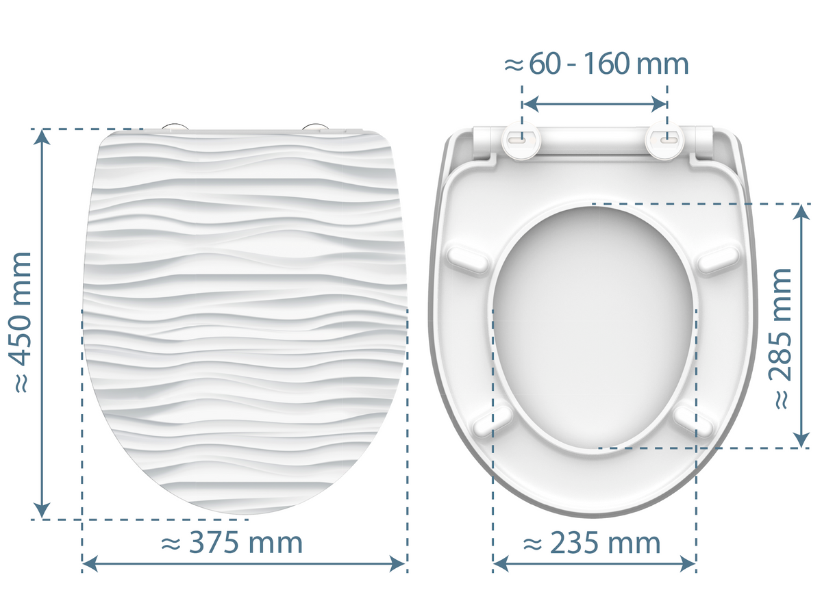 Högblank mönstrad toalettsits universal i Duroplast - BÄST. CC-mått: 60-160mm Längd: 435-490mm Bredd: 374mm.
